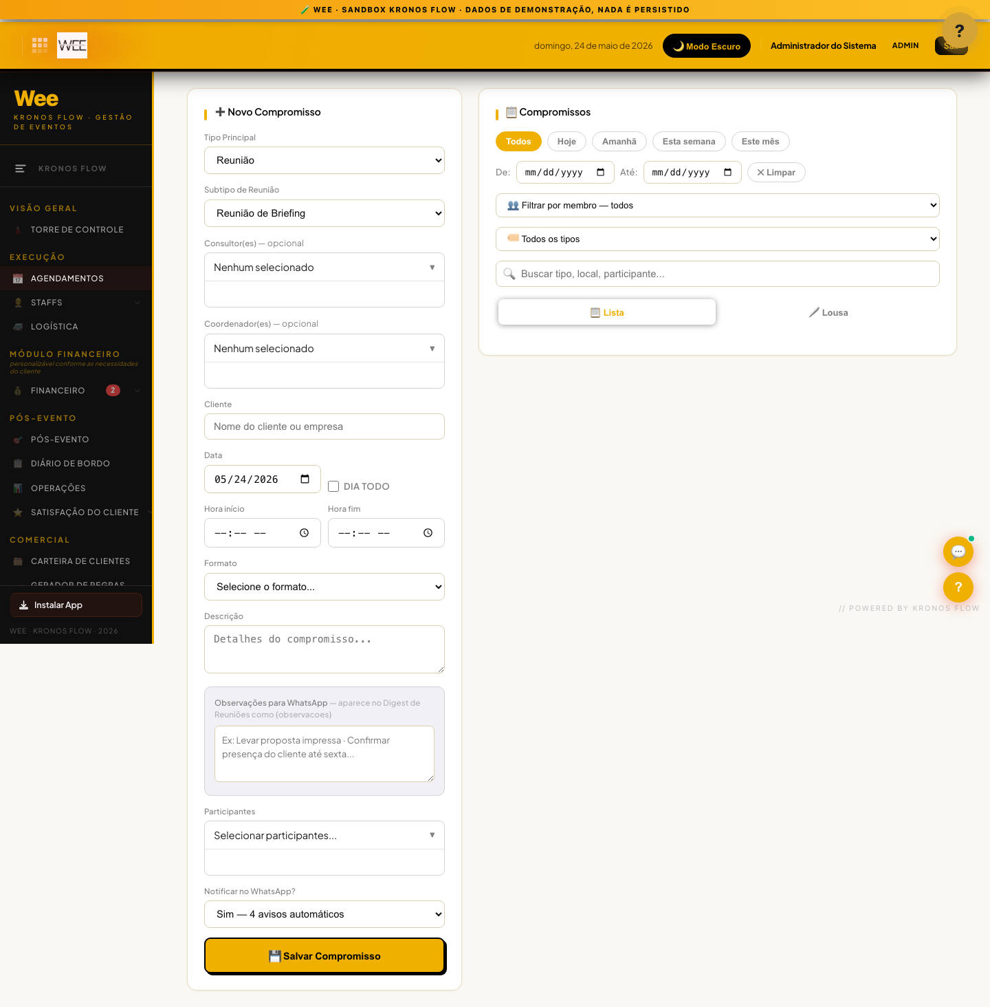 Tela Agenda de eventos, visão desktop
