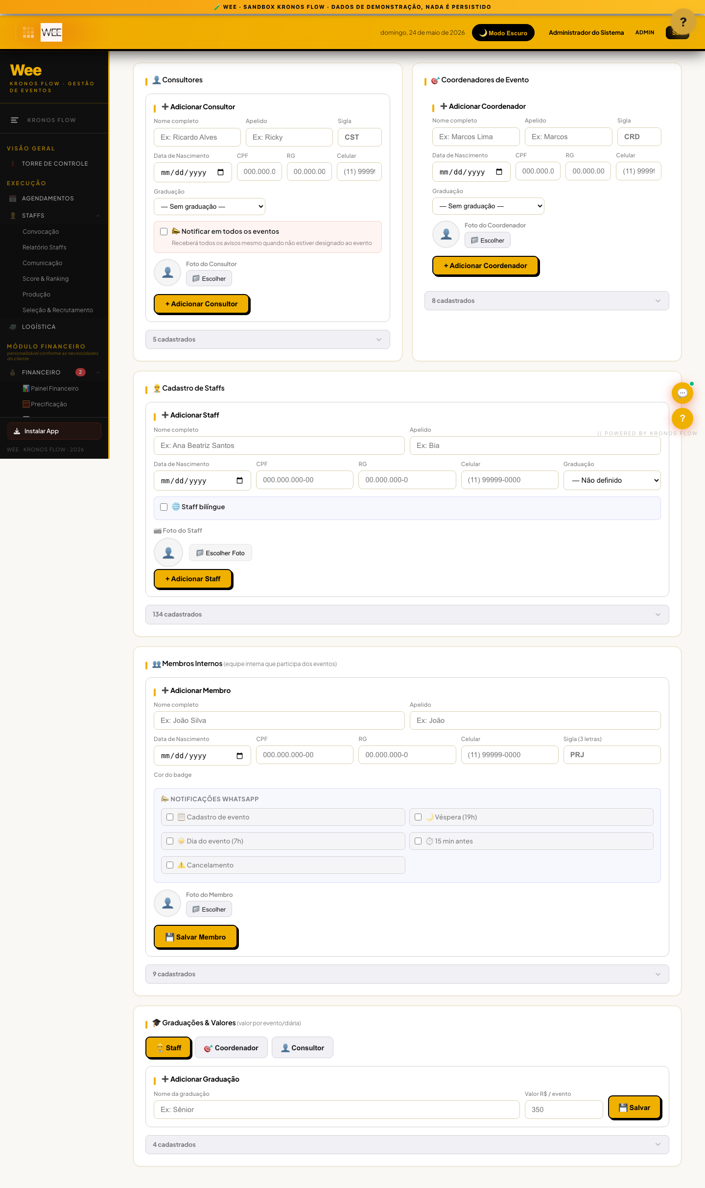 Tela Equipe interna, visão desktop