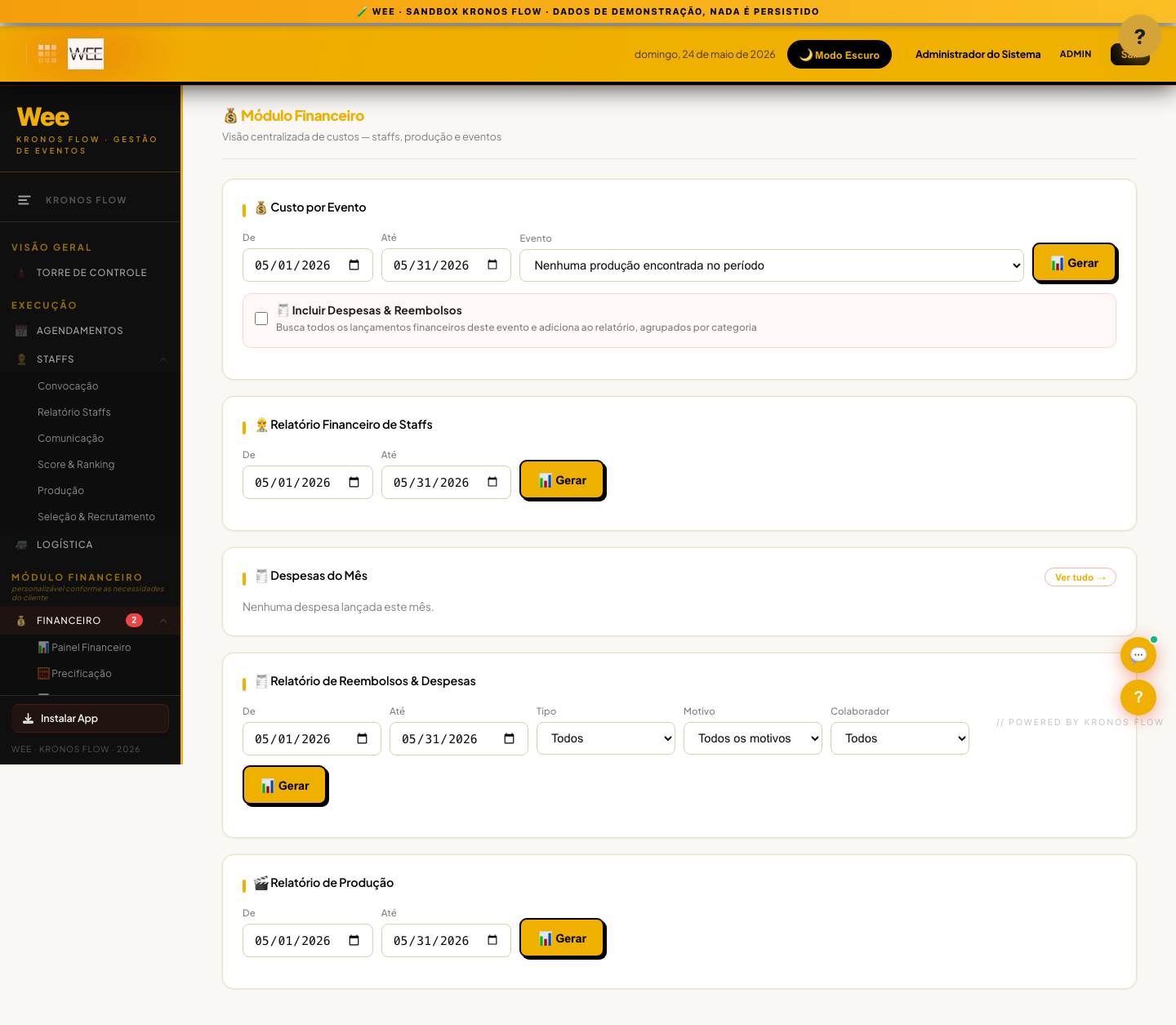 Tela Relatórios financeiros, visão desktop