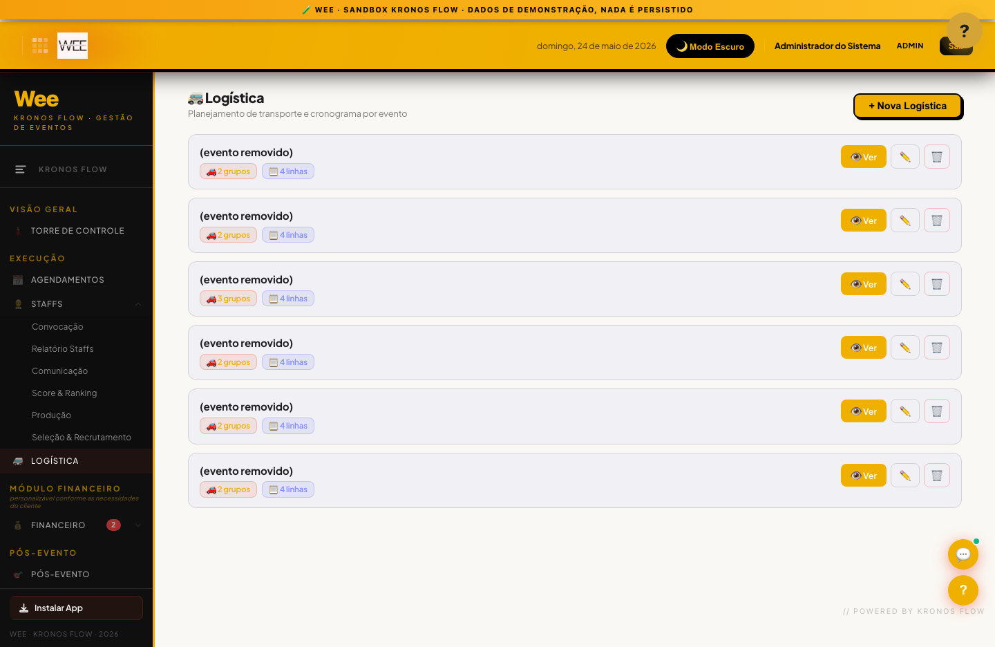 Tela Logística, visão desktop