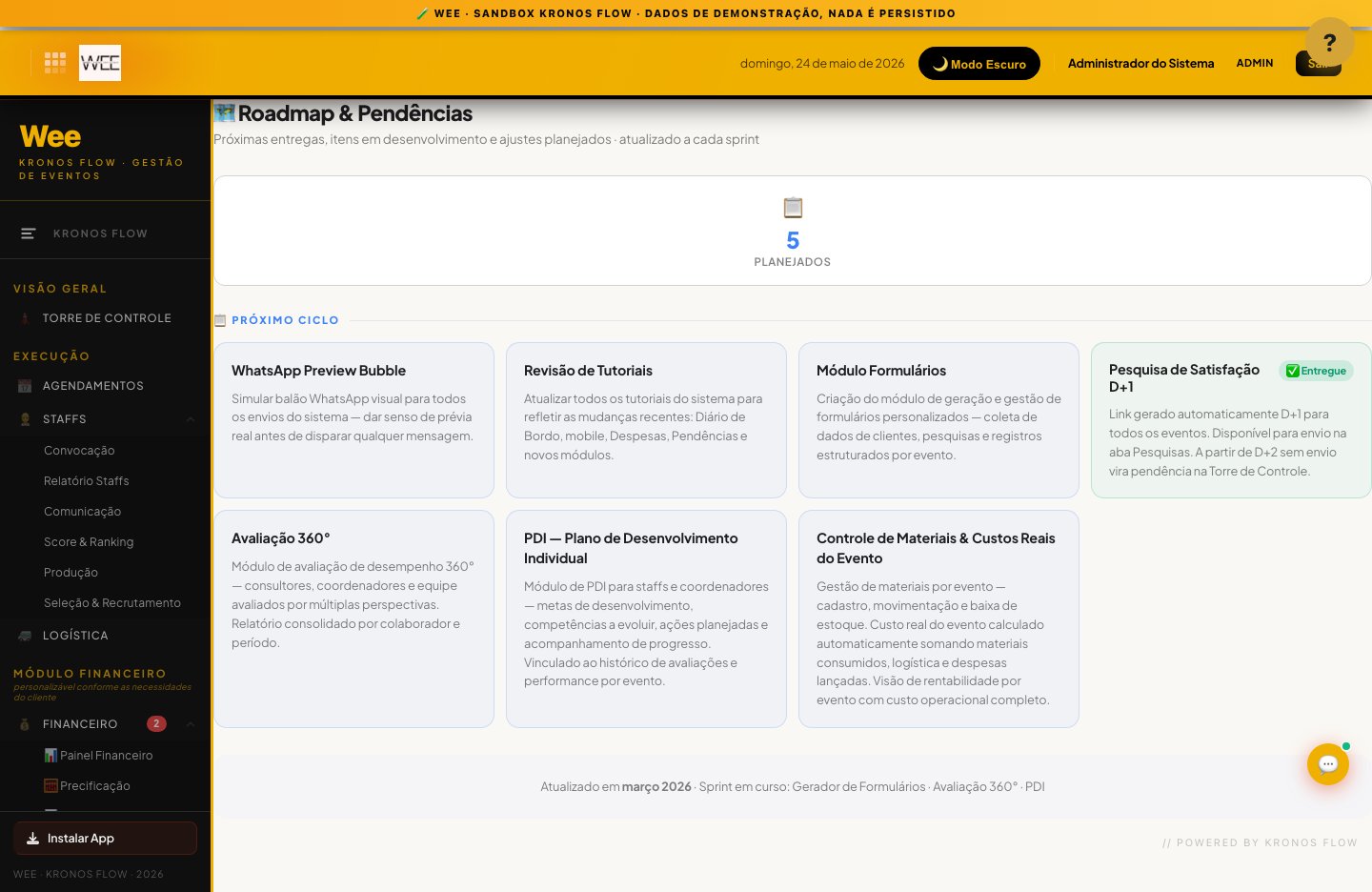 Tela Roadmap, visão desktop