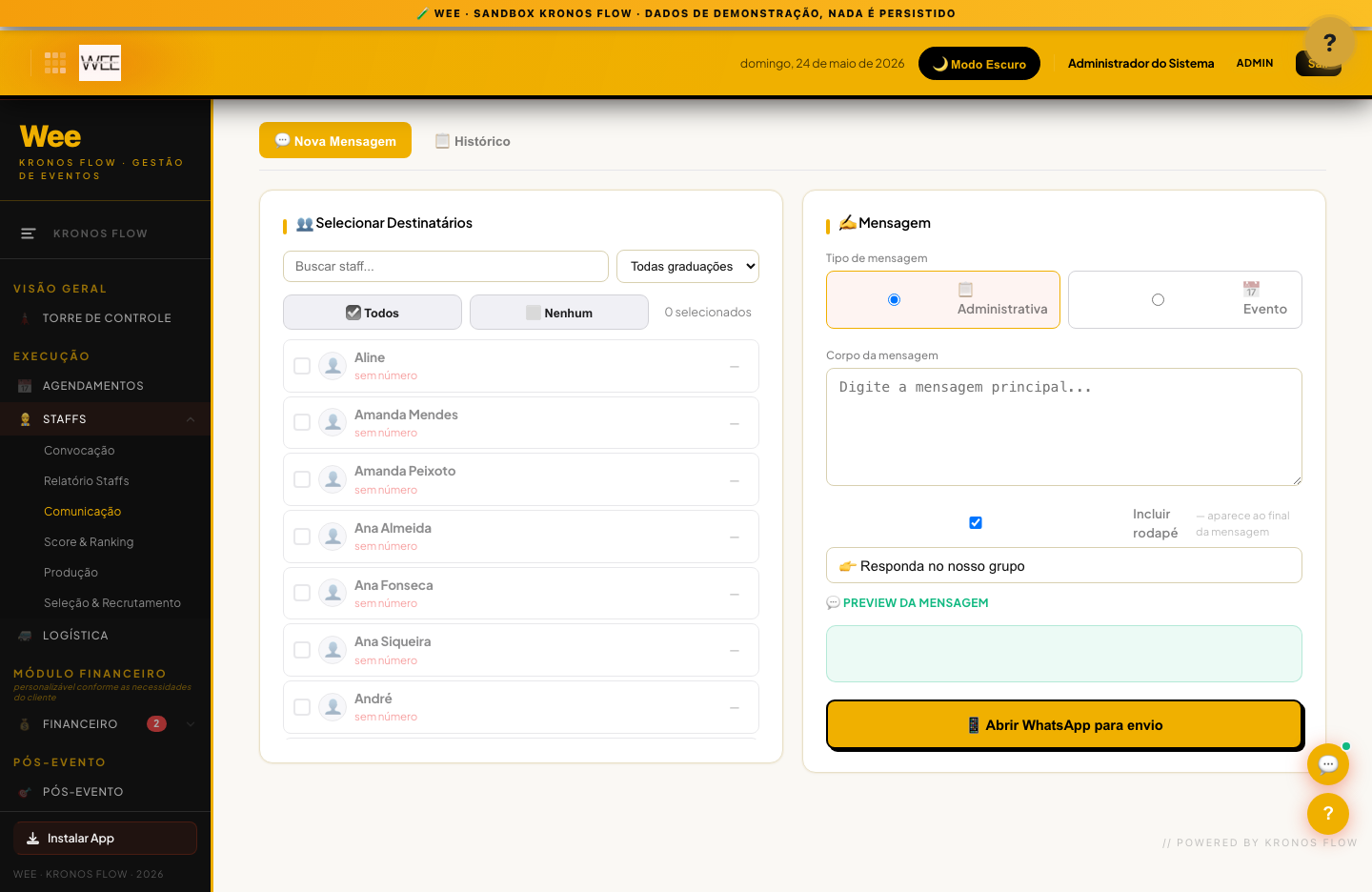 Tela Comunicação com staff, visão desktop