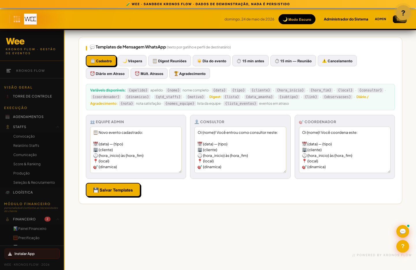 Tela Templates de mensagem, visão desktop