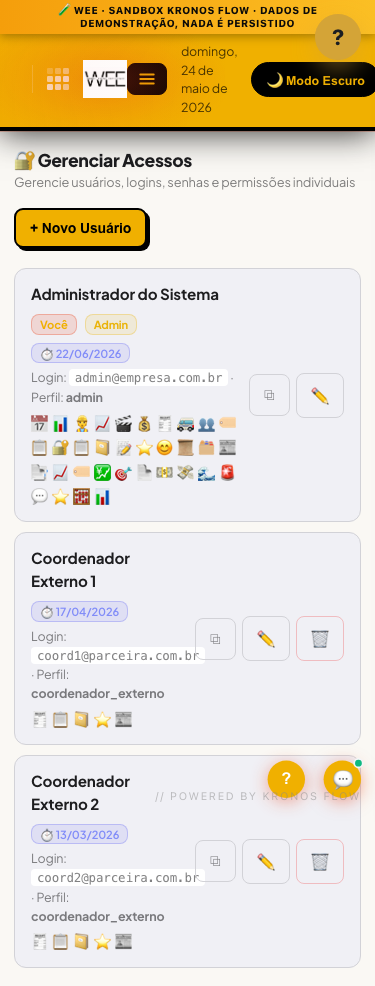Tela Login e senhas, visão mobile
