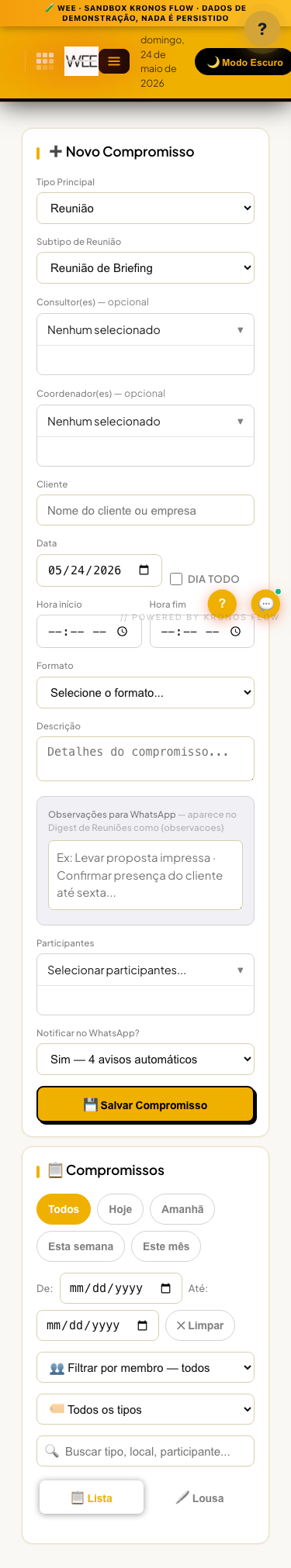 Tela Agenda de eventos, visão mobile