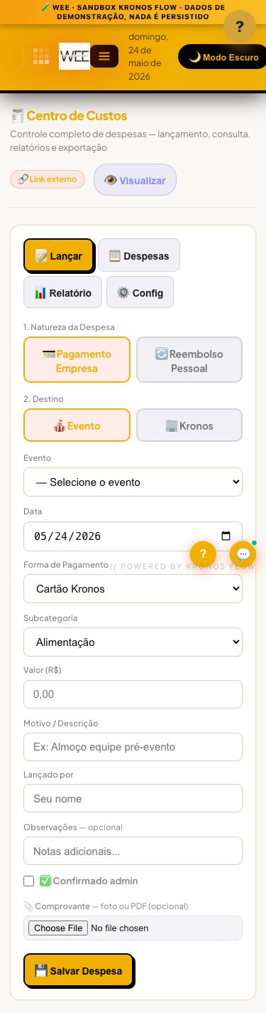 Tela Despesas operacionais, visão mobile