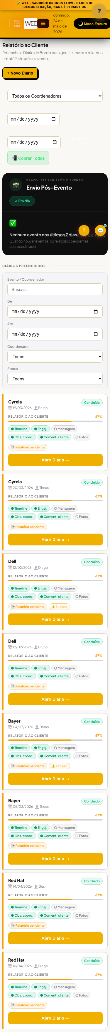 Tela Diário de bordo, visão mobile