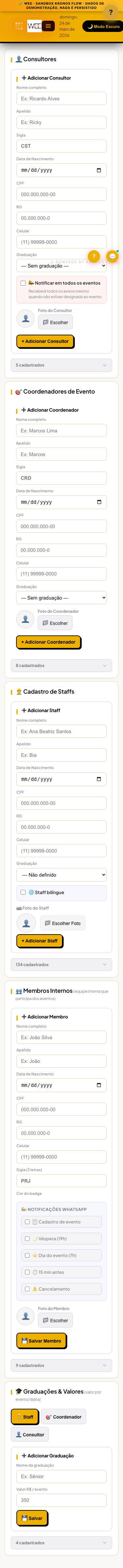 Tela Equipe interna, visão mobile