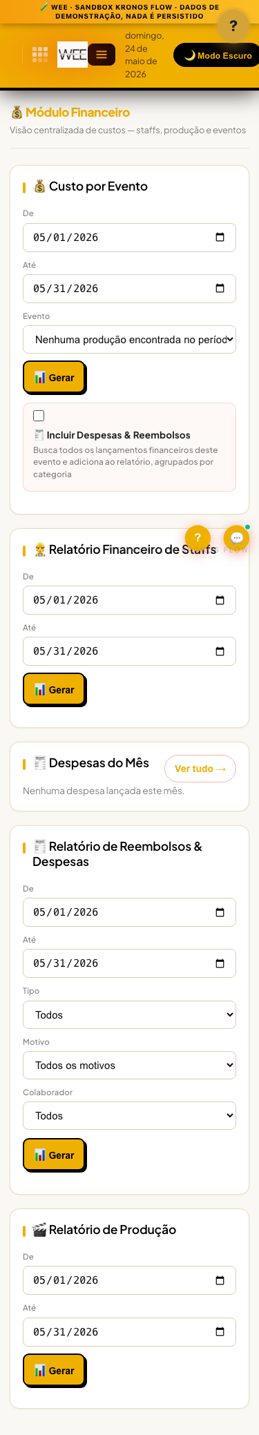 Tela Relatórios financeiros, visão mobile