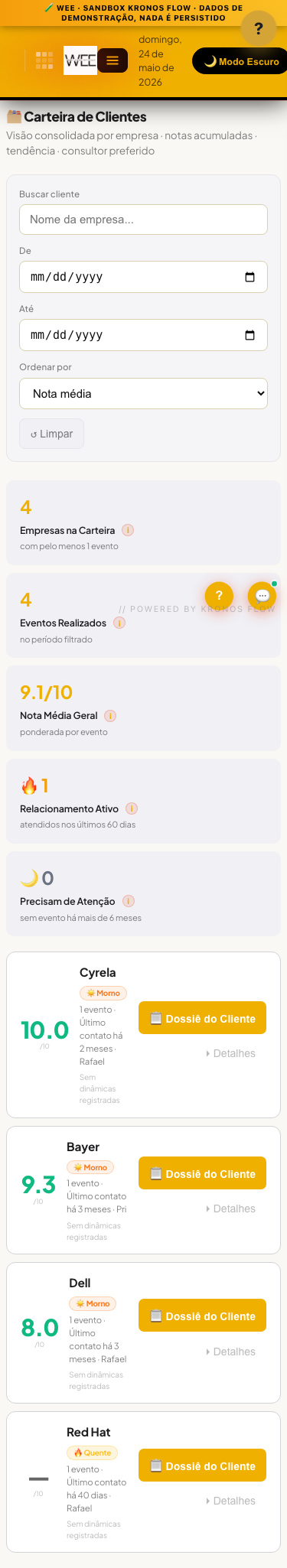 Tela Carteira de clientes, visão mobile