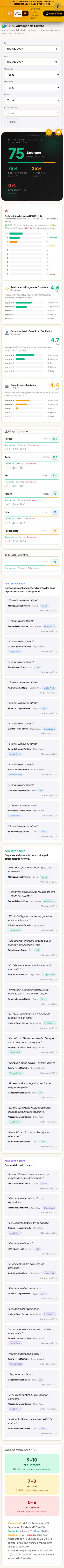 Tela NPS e satisfação, visão mobile