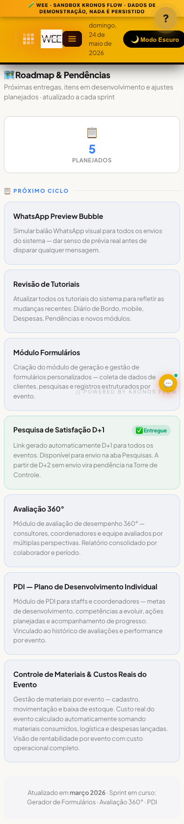 Tela Roadmap, visão mobile