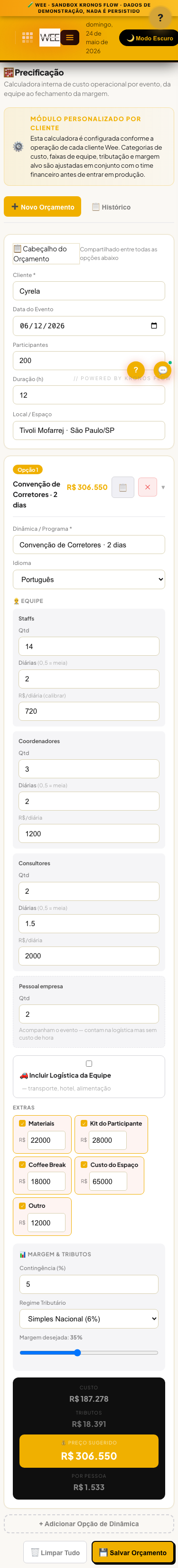 Tela Precificação, visão mobile