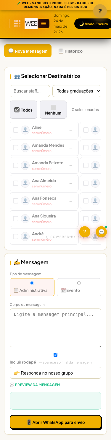 Tela Comunicação com staff, visão mobile