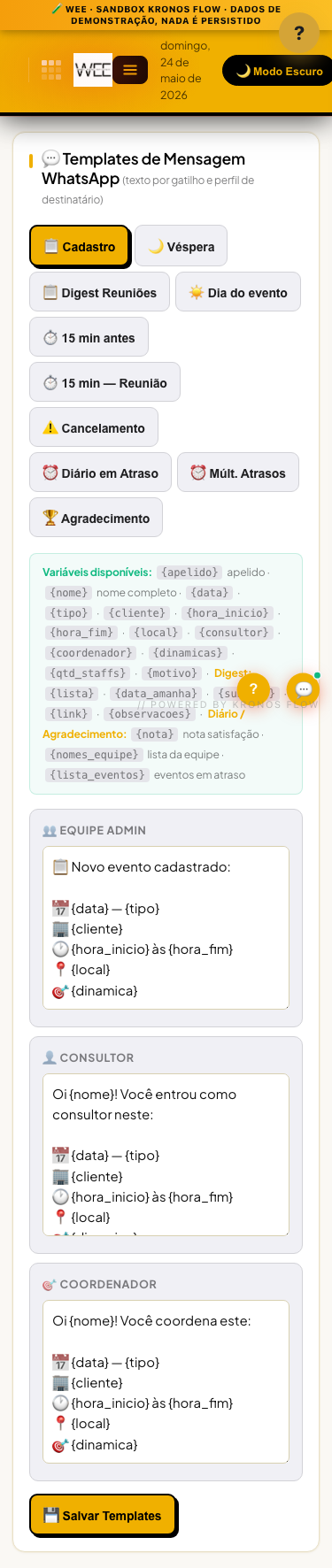 Tela Templates de mensagem, visão mobile