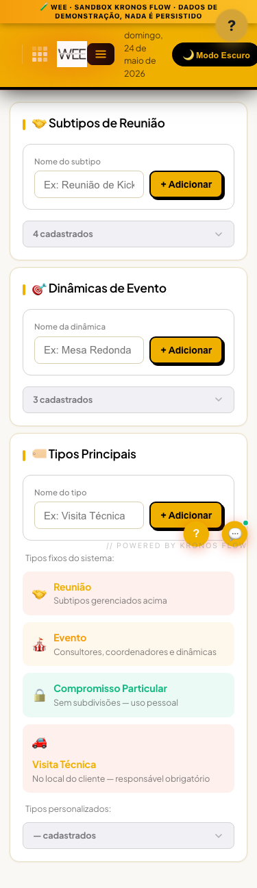 Tela Tipos e categorias, visão mobile